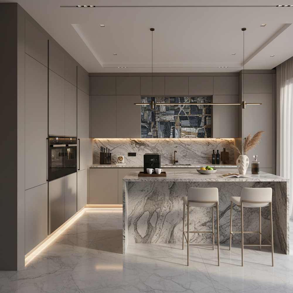 Mosaic Modern L-Shaped Kitchen Design with Granite Countertops