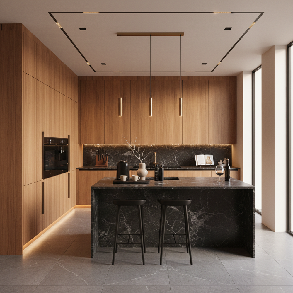 Natural Wood Modern U-Shaped Kitchen Design with Granite Countertops