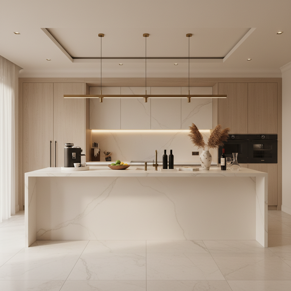 Neutral Bohemian Open Kitchen Design with Corian Countertop