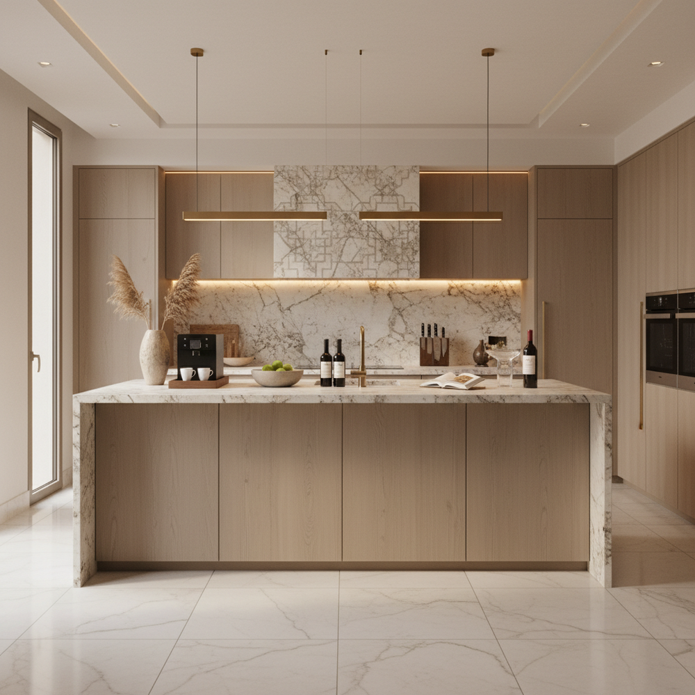 Neutral Contemporary Open Kitchen Design with Granite Countertops