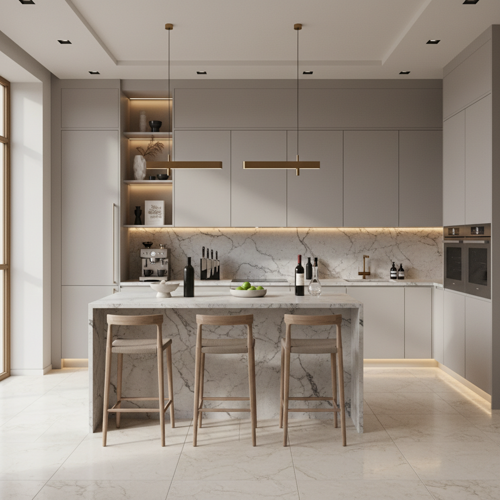 Neutral Scandinavian U-Shaped Kitchen Design with Granite Countertops