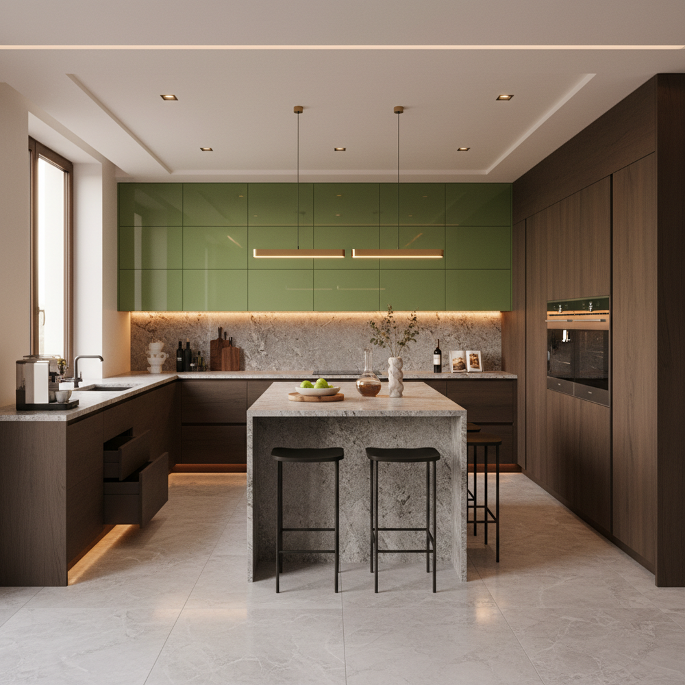 Parakeet and Wood Modern L-Shaped Kitchen Design with High Gloss Cabinets