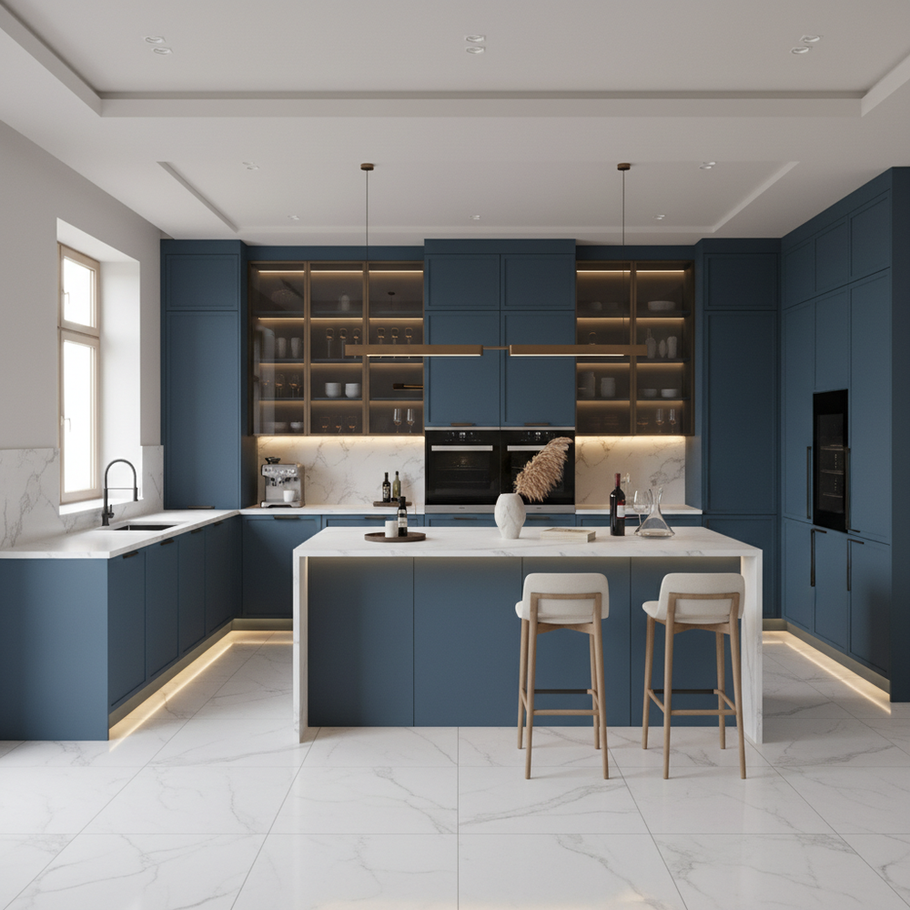 Petrol Blue Modern U-Shaped Kitchen Design with Matte Finish Cabinets