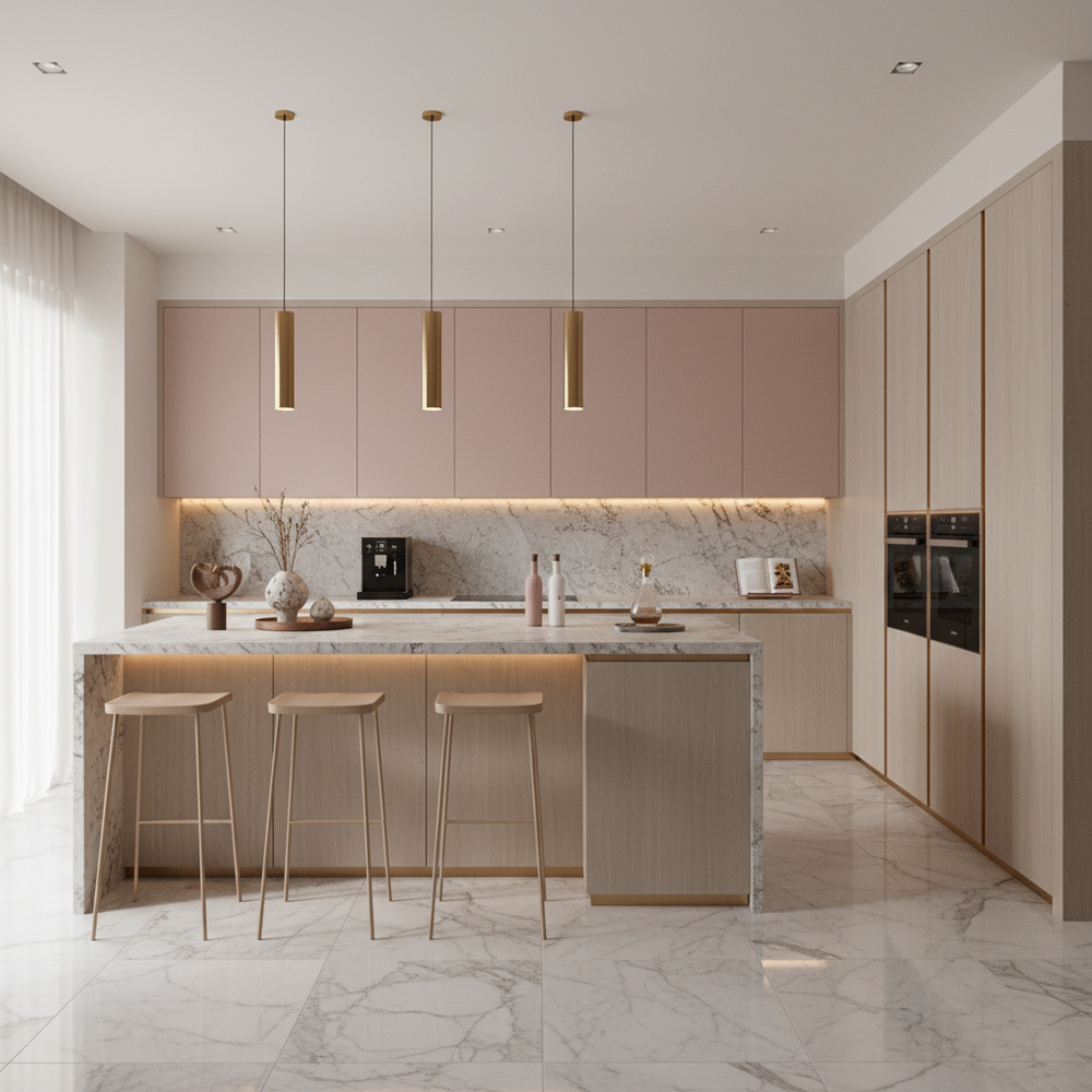 Pink Modern Open Kitchen Design with Matte Membrane Cabinets