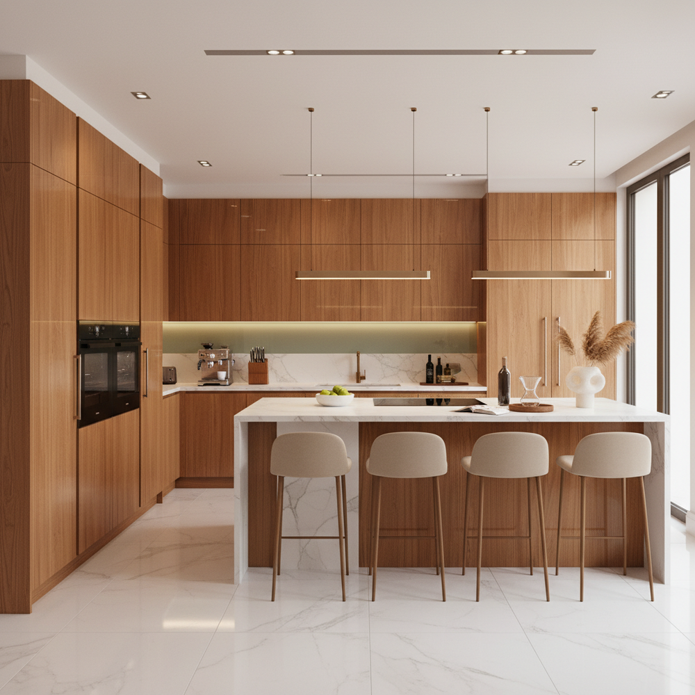 Pino Tropicale Contemporary Open Kitchen Design with High Gloss Laminate Cabinets