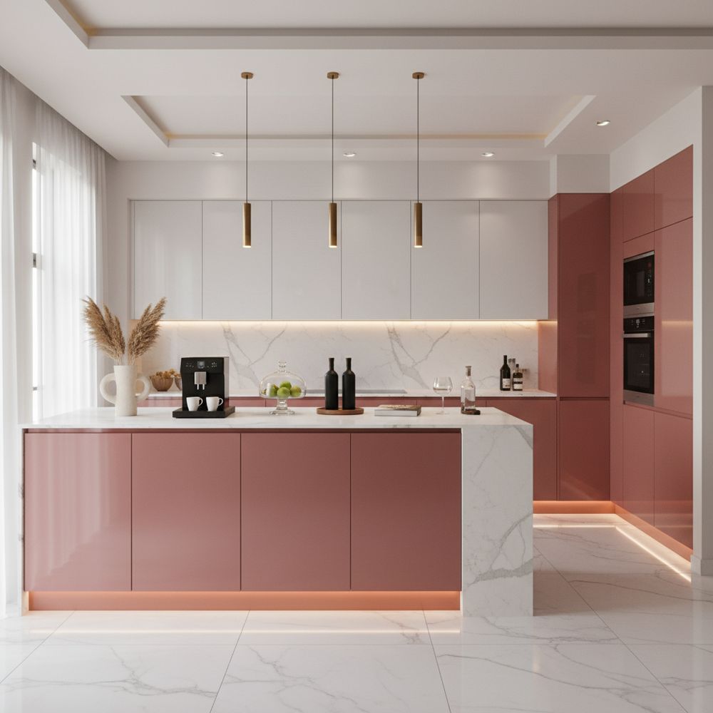Red and White Modern L-Shaped Kitchen Design with High Gloss Laminate Cabinets
