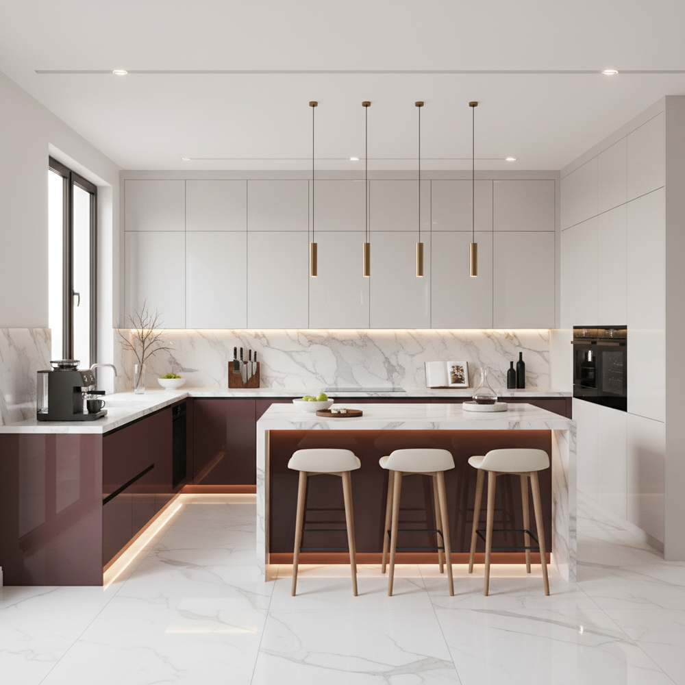 Rose Granium and Frosty White Modern U-Shaped Kitchen Design with High Gloss Laminate Cabinets
