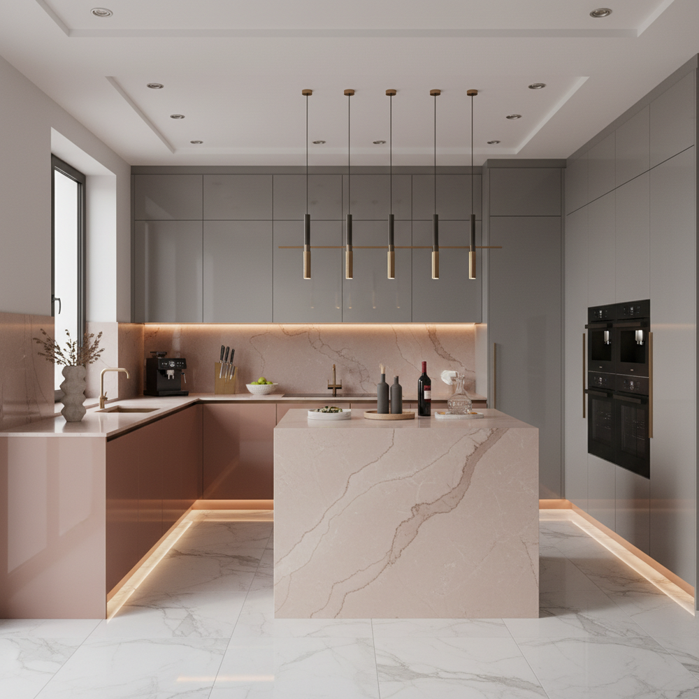 Rose Granium and Smoke Grey Modern L-Shaped Kitchen Design with High Gloss Laminate Cabinets