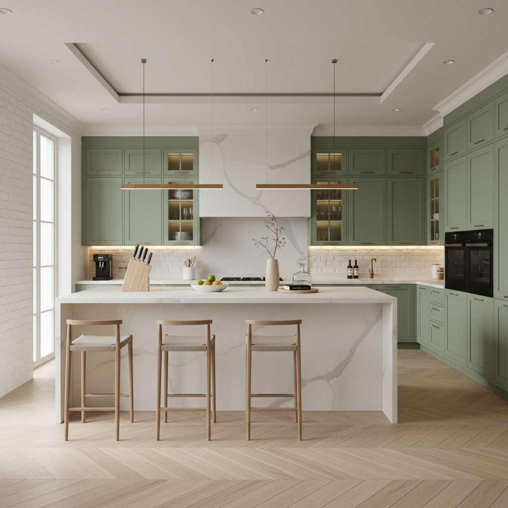 Sage Green Modern U-Shaped Kitchen Design with Matte Laminate Cabinets