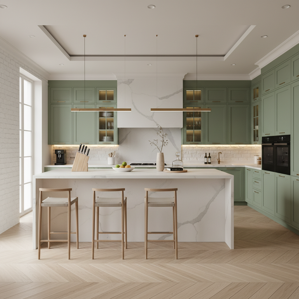 Sage Green Modern U-Shaped Kitchen Design with Matte Laminate Cabinets