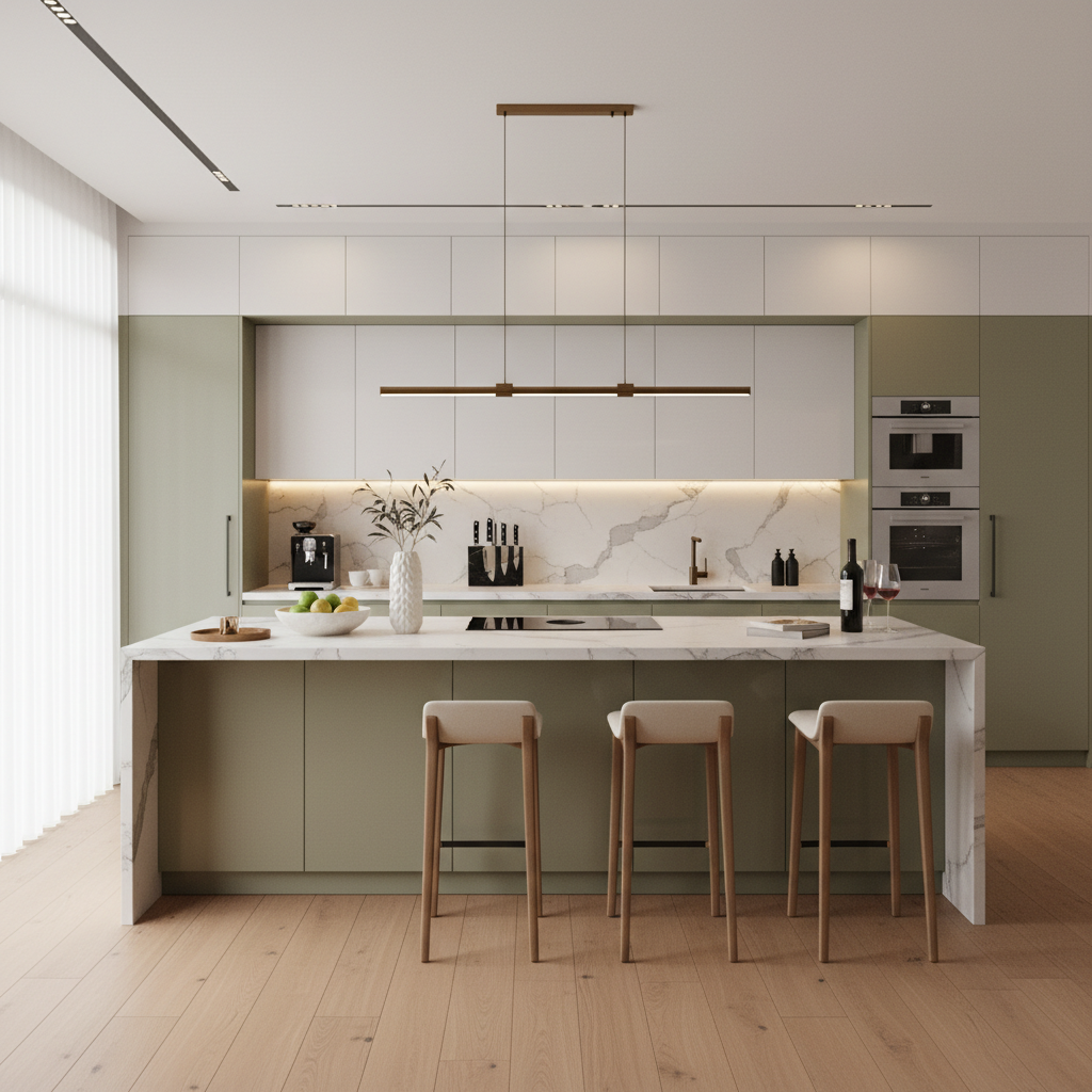 Salvia Burro and Bright White Modern Open Kitchen Design with High Gloss Cabinets