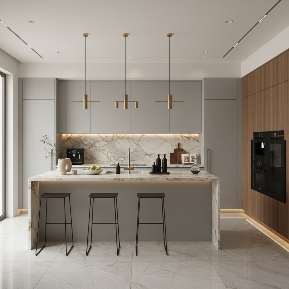Salvia Grey Modern Open Kitchen Design with Matte Laminate Cabinets