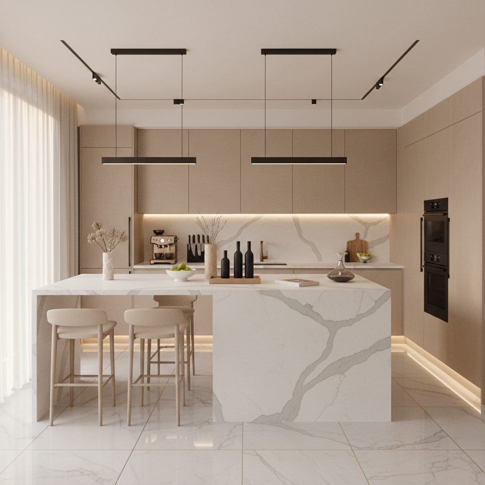 Sand Satin Contemporary U-Shaped Kitchen Design with Suede-Finish Cabinets