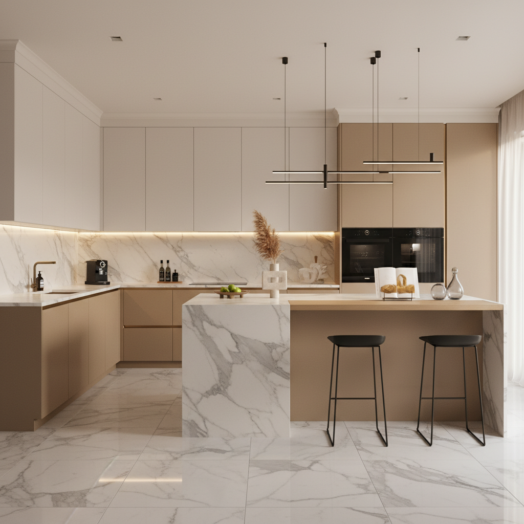 Sandy Fossil and Off-White Modern U-Shaped Kitchen Design with Membrane Finish Cabinets