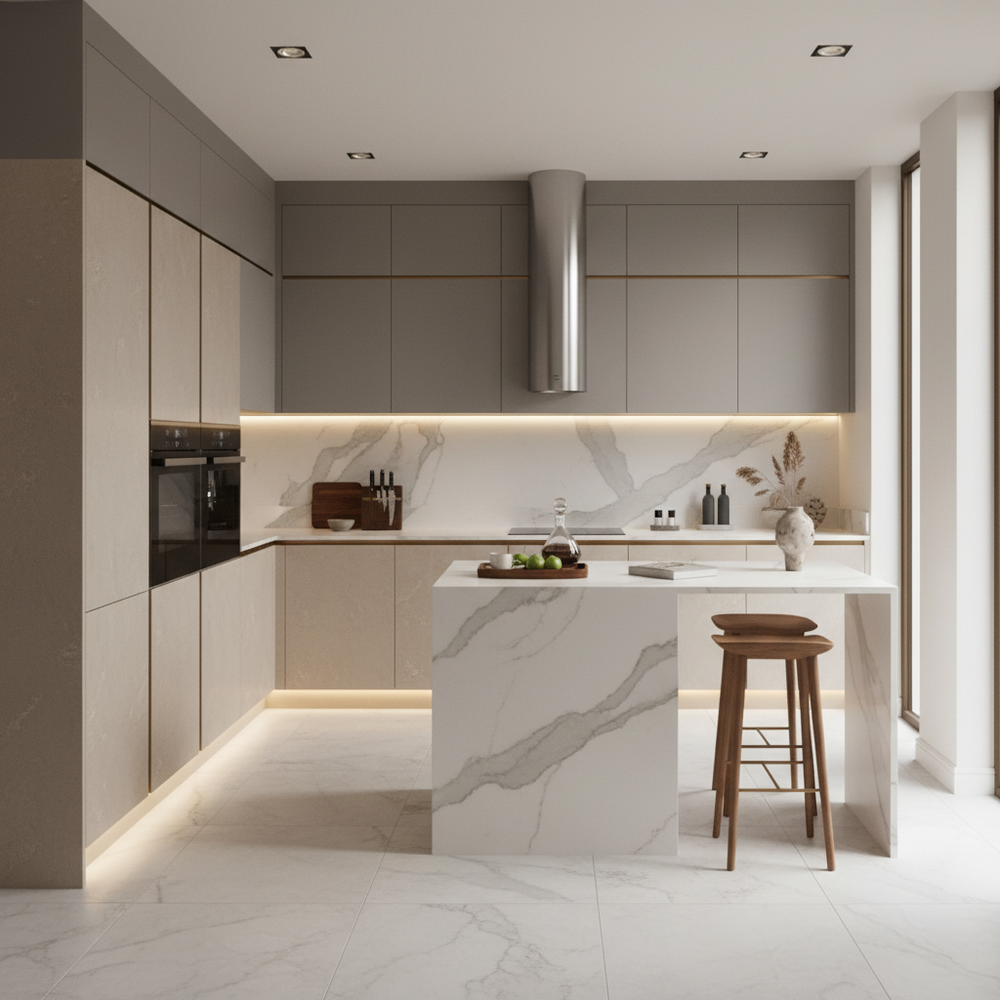 Sandy Fossil & Pumic Grey Contemporary U-Shaped Kitchen Design with Quartz Countertop
