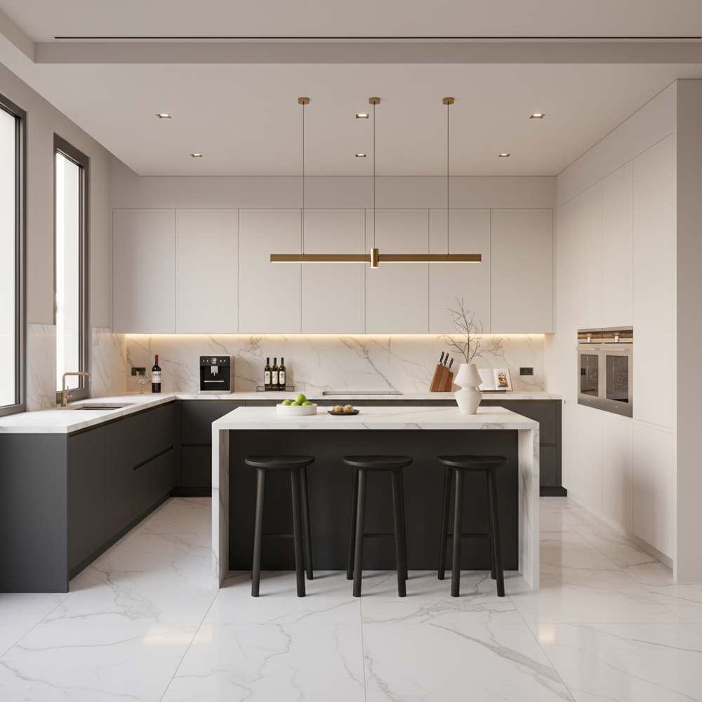 Shore and Frosty White Modern U-Shaped Kitchen Design with High Gloss Laminate Cabinets