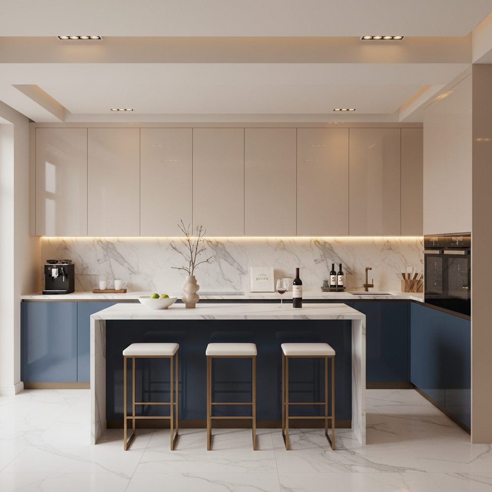 Shore Blue and Champagne Modern Straight Kitchen Design with High Gloss Laminate Cabinets