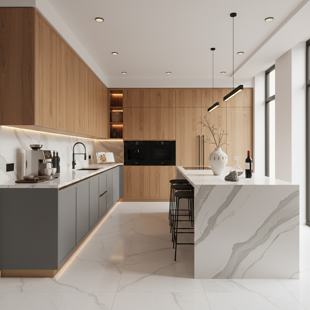 Slate & Acacia Contemporary Parallel Kitchen Design with Quartz Countertop