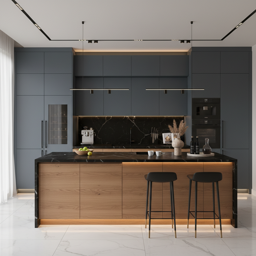 Slate and Acacia Modern L-Shaped Kitchen Design with Jet Black Granite Countertop