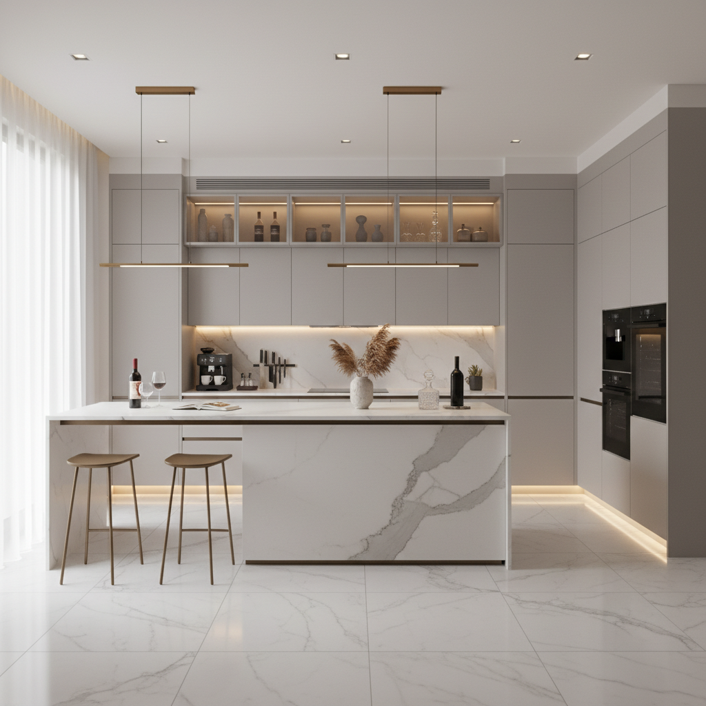 Sleek Modern L-Shaped Kitchen Design with Quartz Countertops
