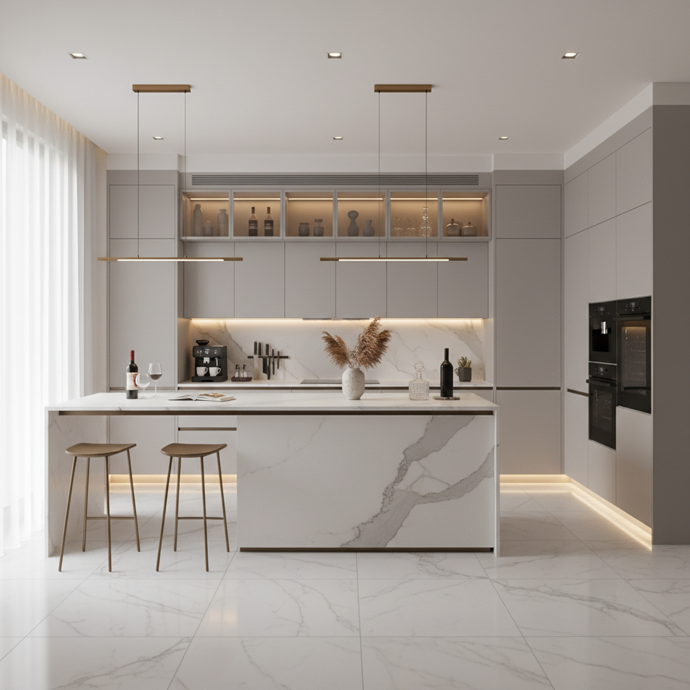 Sleek Modern L-Shaped Kitchen Design with Quartz Countertops