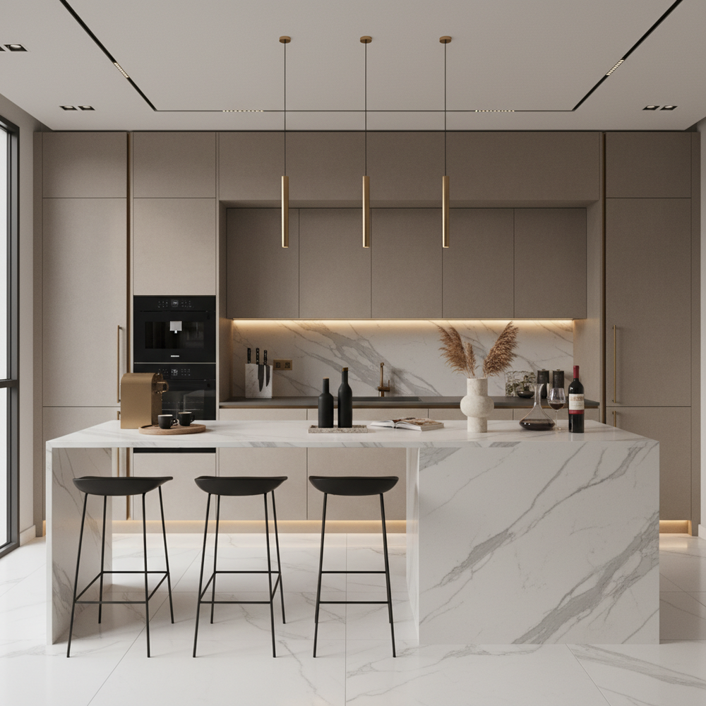 Suede Modern Straight Kitchen Design with Laminate Cabinets