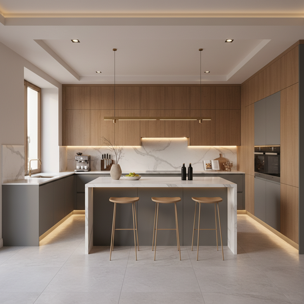Suede Modern U-Shaped Kitchen Design with Laminate Cabinets