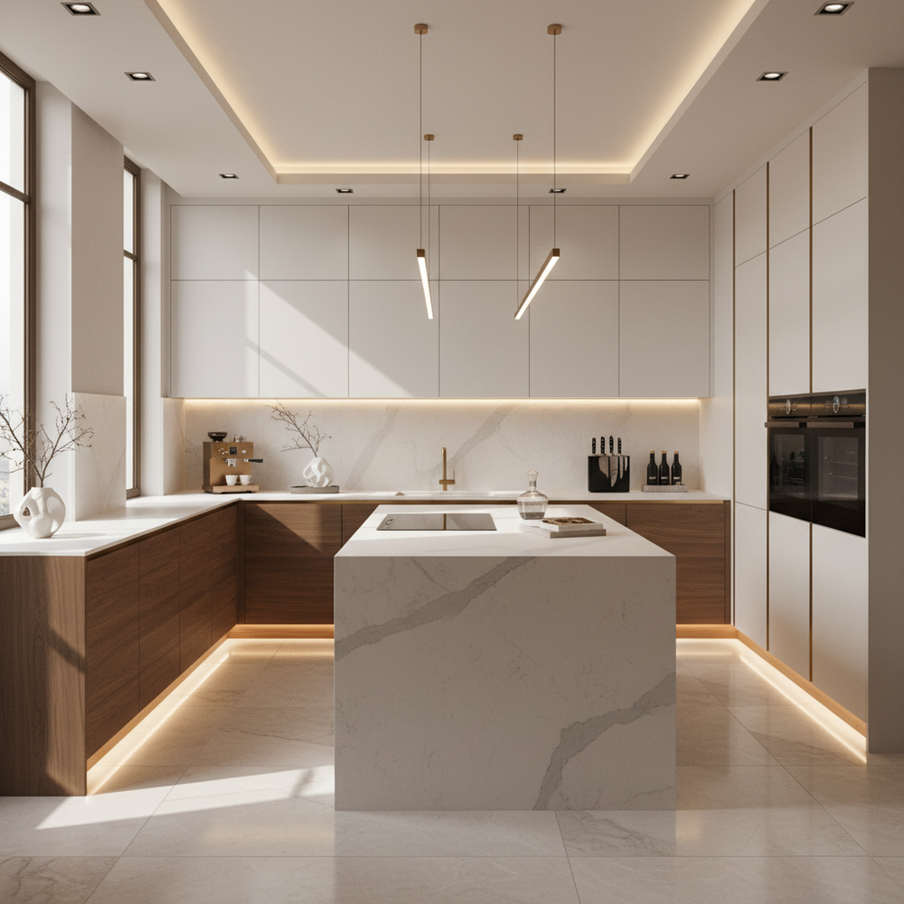 Tahiti Samoa Teak & Frosty White Modern U-Shaped Kitchen Design with Matte Laminate Cabinets