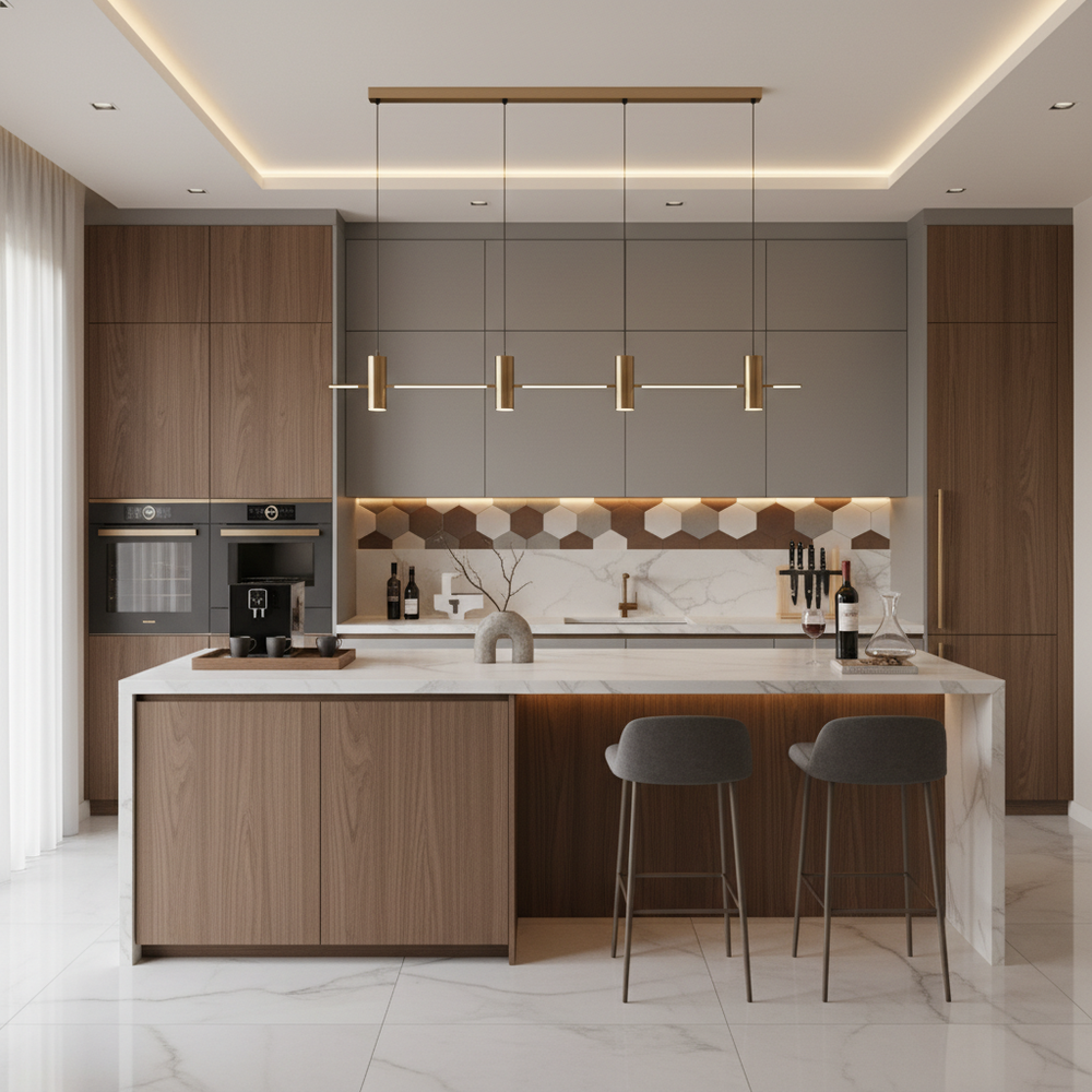 Walnut and Grey Modern L-Shape Kitchen Design with Matte Laminate Cabinets