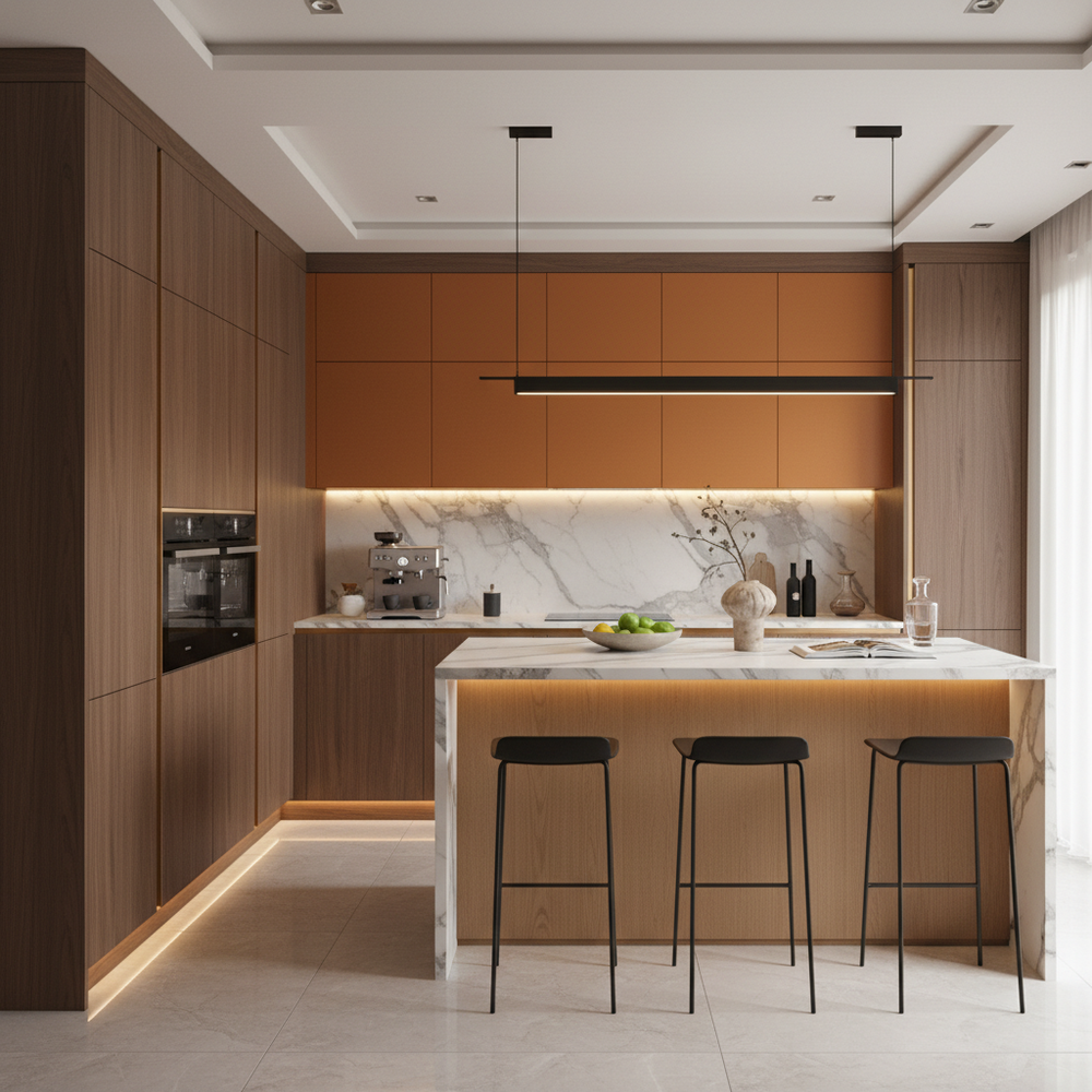 Walnut and Orange Modern L-Shaped Kitchen Design with Matte Laminate Cabinets