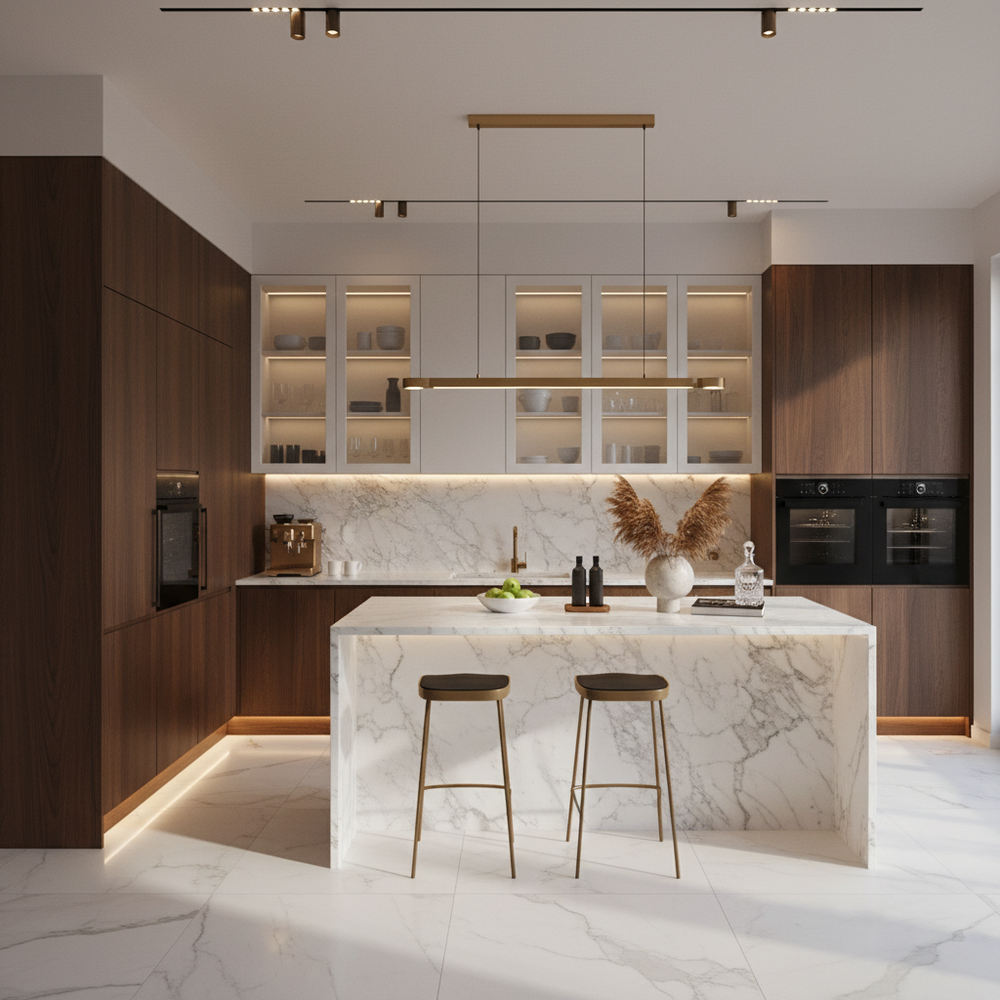 Walnut Bronze and White Modern L-Shaped Kitchen Design with Matte Laminate Cabinets