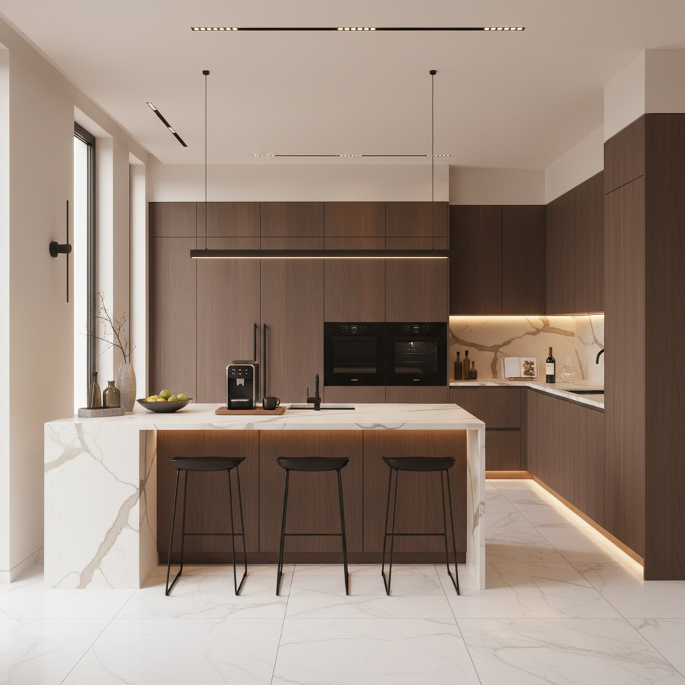 Walnut Bronze Modern U-Shaped Kitchen Design with Matte Laminate Cabinets
