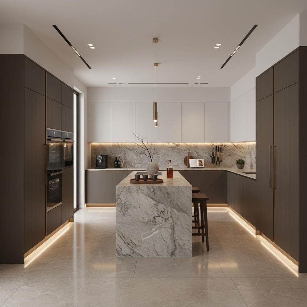 Walnut Bronze & White Modern Parallel Kitchen Design with Granite Countertop and Laminate Cabinets