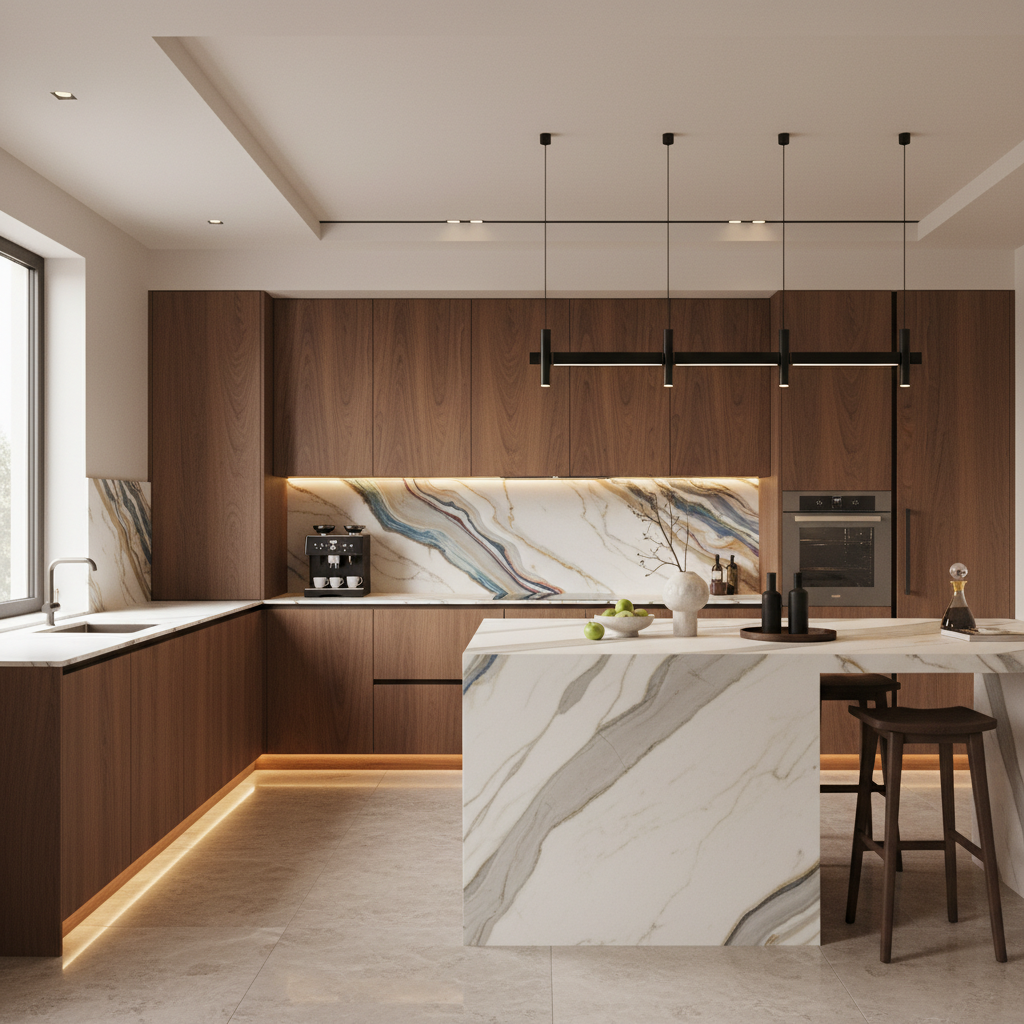 Walnut Modern L-Shaped Kitchen Design with Matte Laminate Cabinets