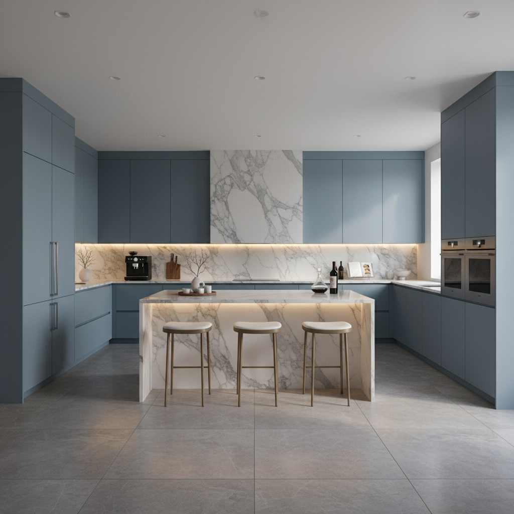 Wave Blue Modern U-Shaped Kitchen Design with Matte Laminate Cabinets