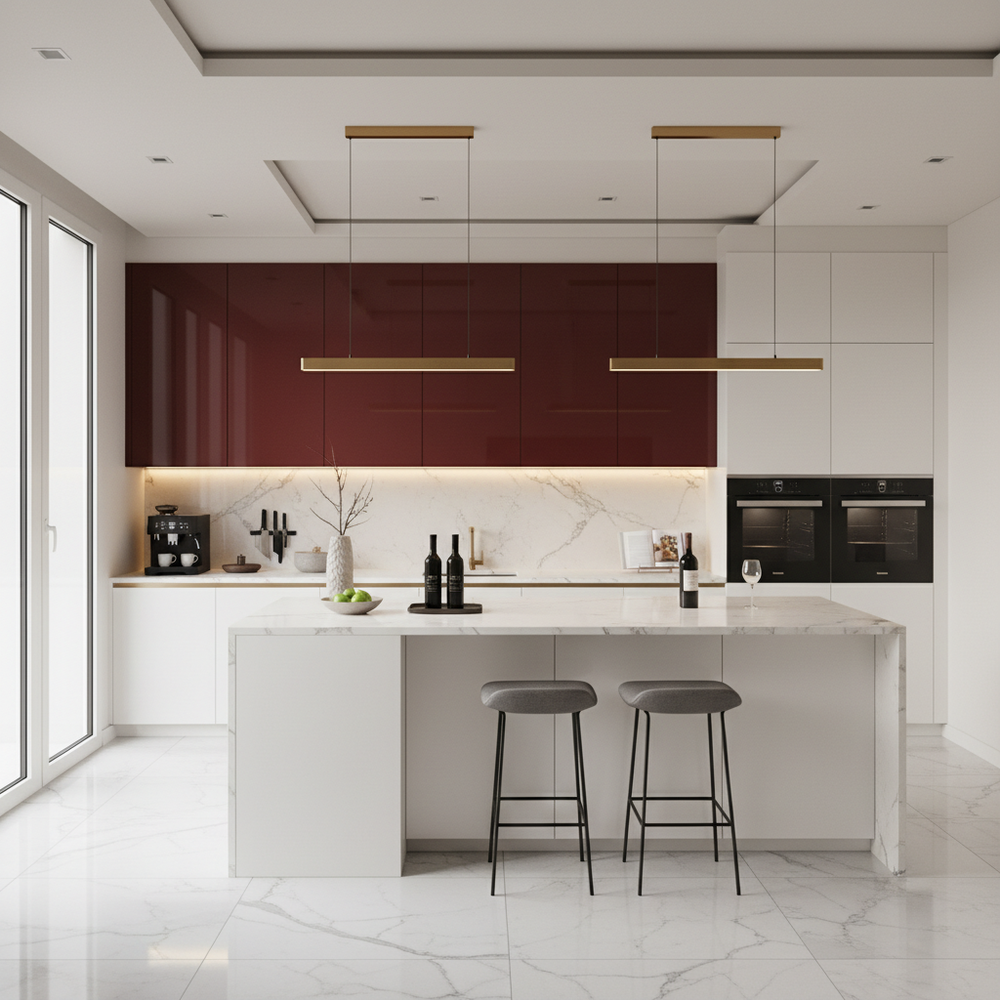 White and Dark Red Modern L-Shaped Kitchen Design with Acrylic Cabinets