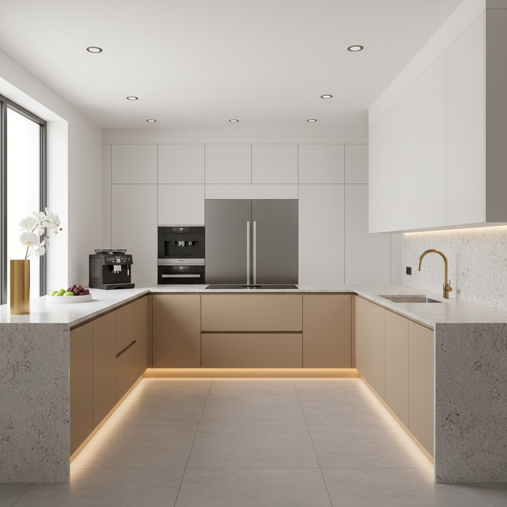 White and Sandy Fossil Modern U-Shaped Kitchen Design with Matte Laminate Cabinets