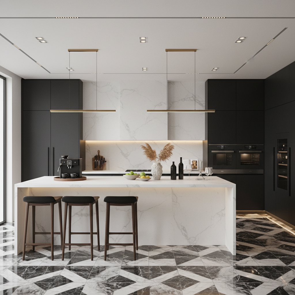 White & Black Modern India Kitchen Design with Quartz Countertop