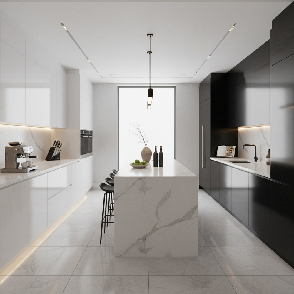 White & Black Modern Parallel Kitchen Design with High-Gloss Cabinets