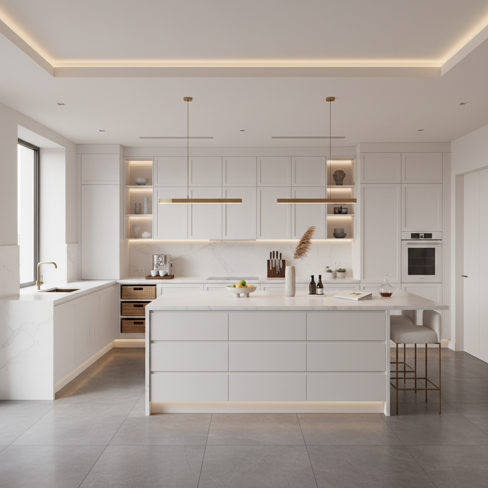 White Modern U-Shaped Kitchen Design with Corian Countertops