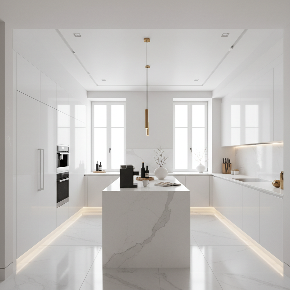 White Modern U-Shaped Kitchen Design with High Gloss Finish Cabinets