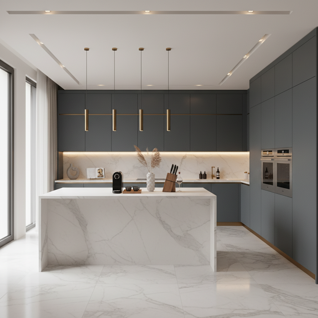 White Modern U-Shaped Kitchen Design with Matte Finish Cabinets