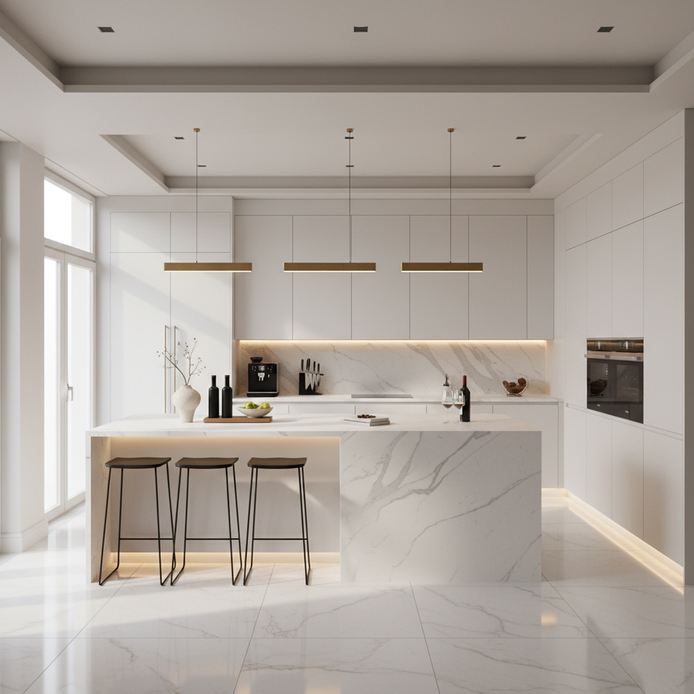 White Modern U-Shaped Kitchen Design with Solid Surface Cabinets