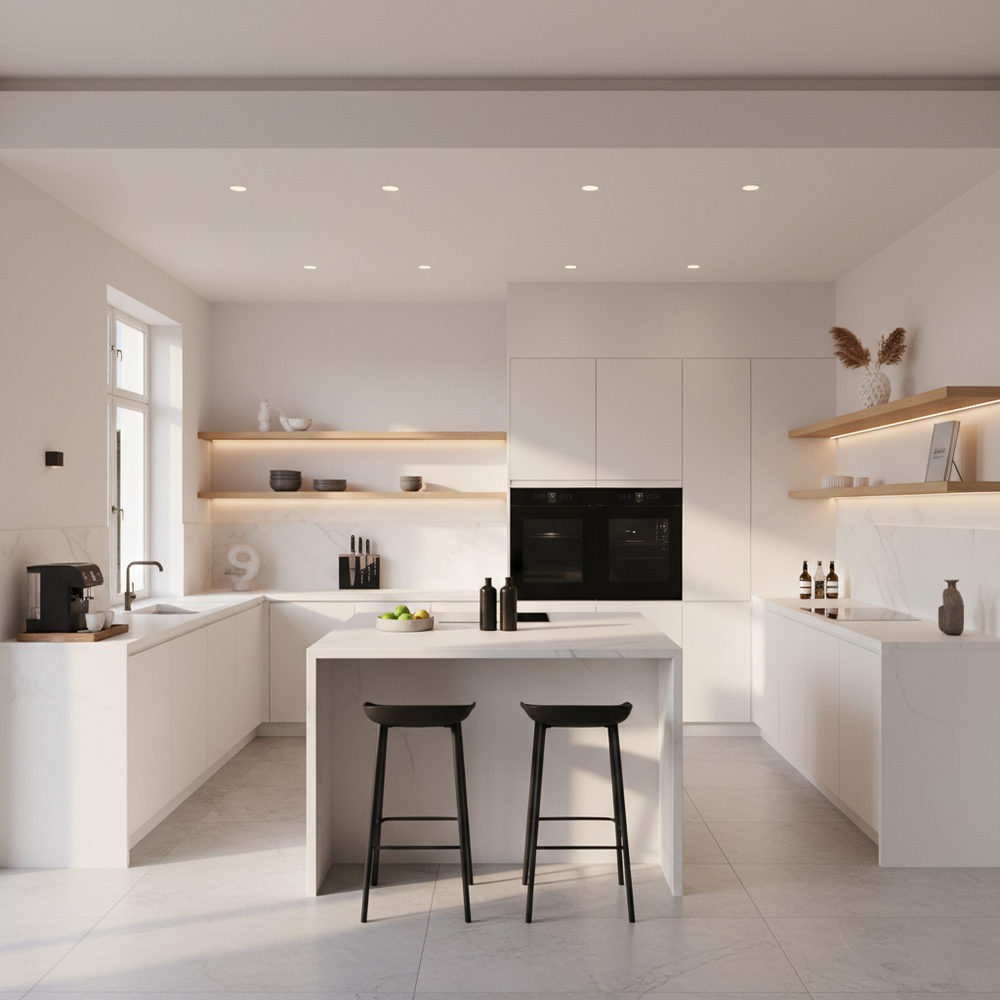 White Scandinavian U-Shaped Kitchen Design with Quartz Countertops