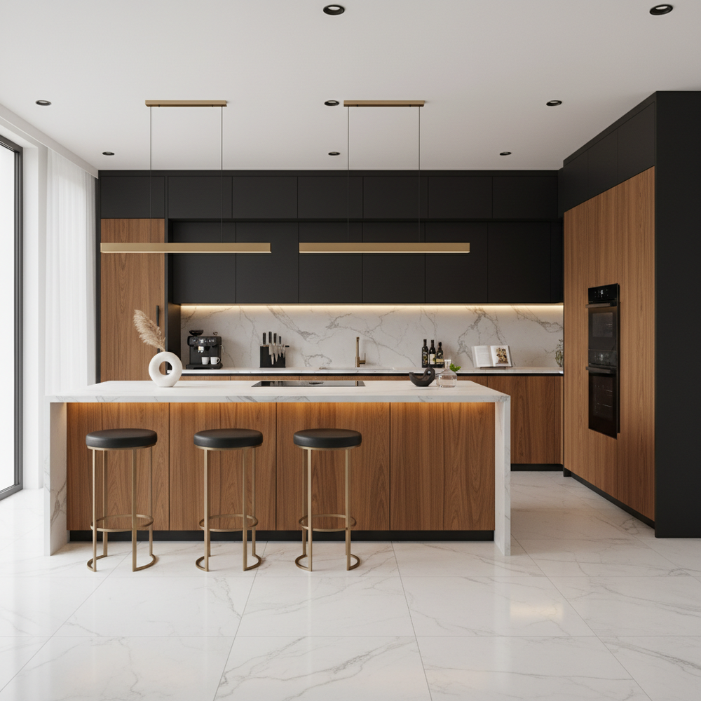 Wood & Black Modern U-Shaped Kitchen Design with Quartz Countertops