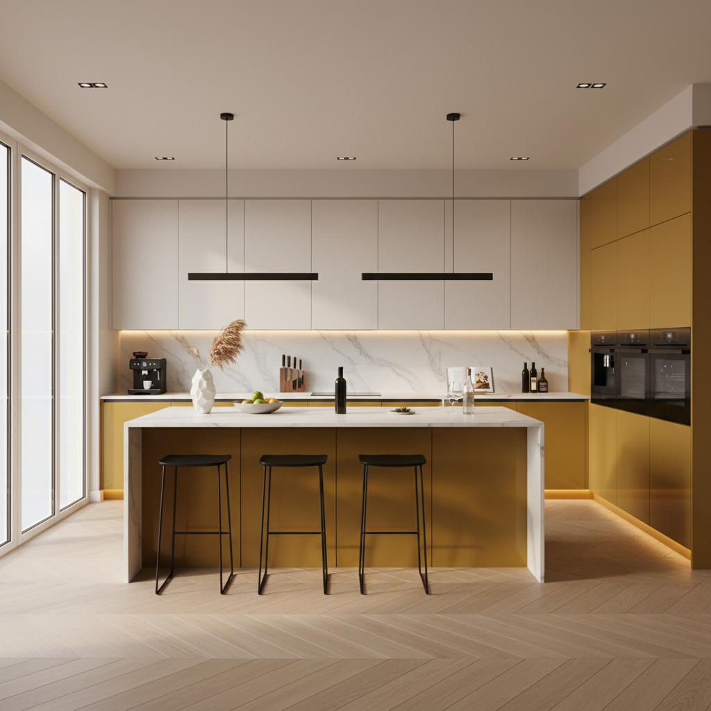 Yellow Contemporary L-Shape Kitchen Design with High Gloss Cabinets