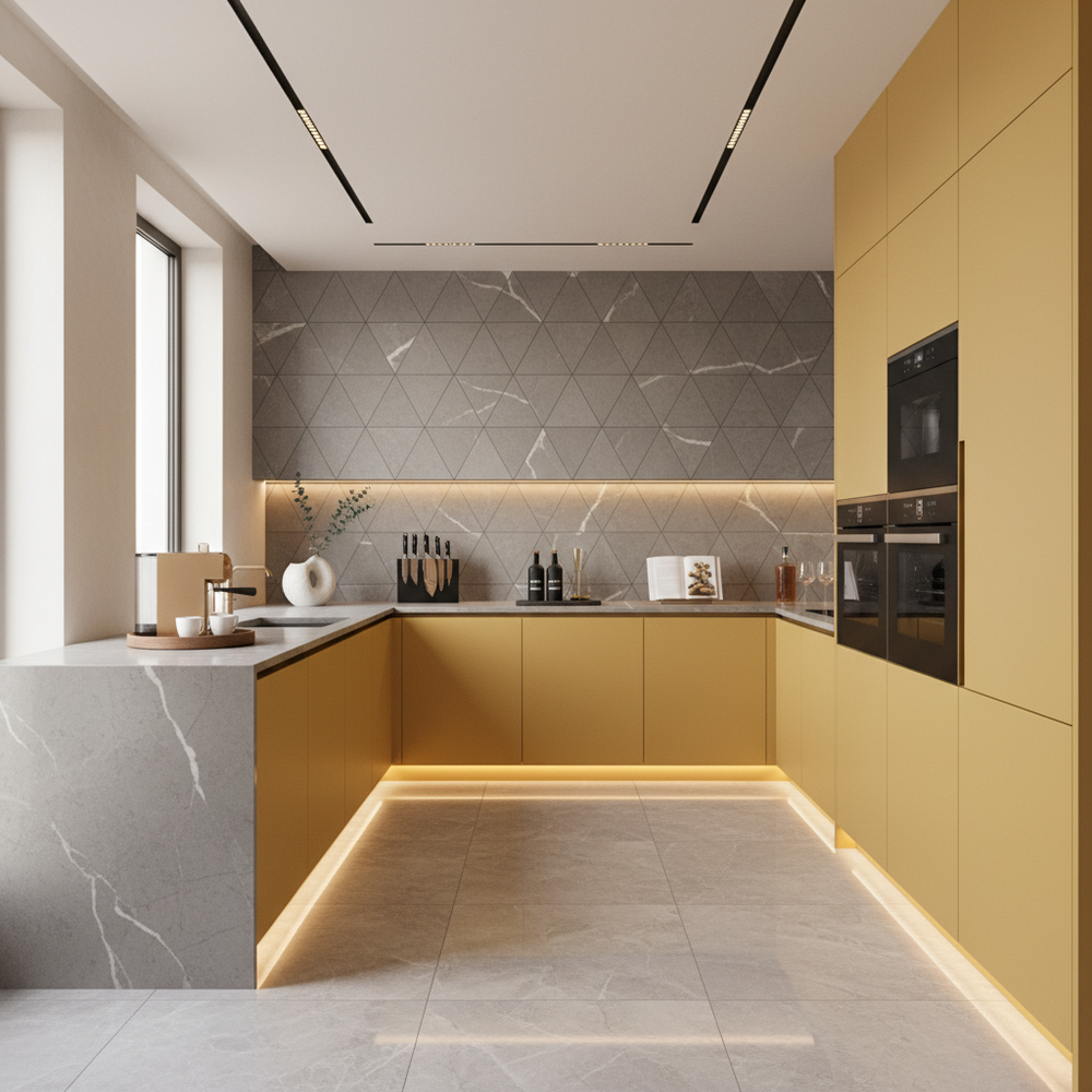 Yellow Modern L-Shaped Kitchen Design with Grey Quartz Countertops