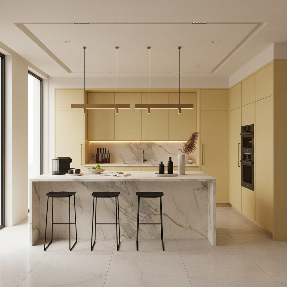 Yellow Modern U-Shaped Kitchen Design with Granite Countertops