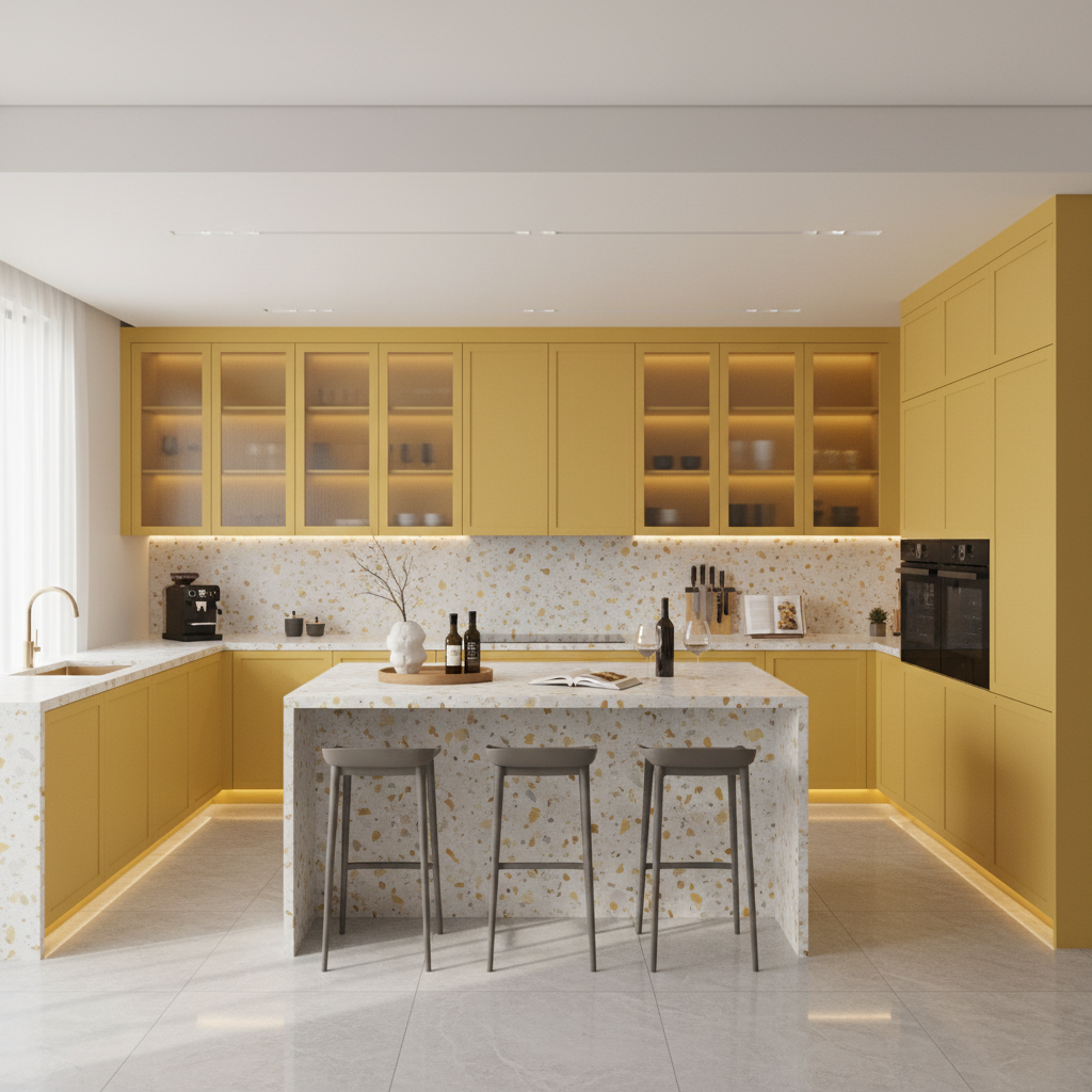 Yellow Modern U-Shaped Kitchen Design with Terrazzo Countertops