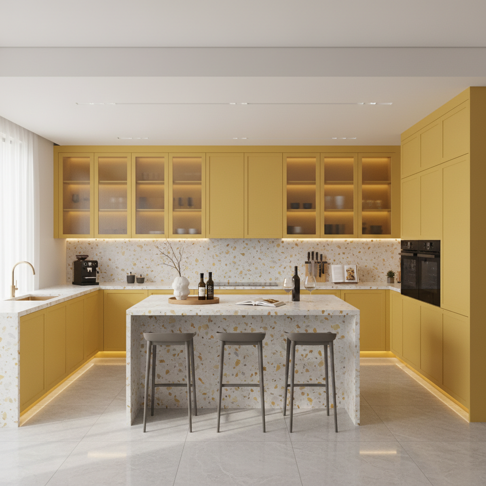 Yellow Modern U-Shaped Kitchen Design with Terrazzo Countertops